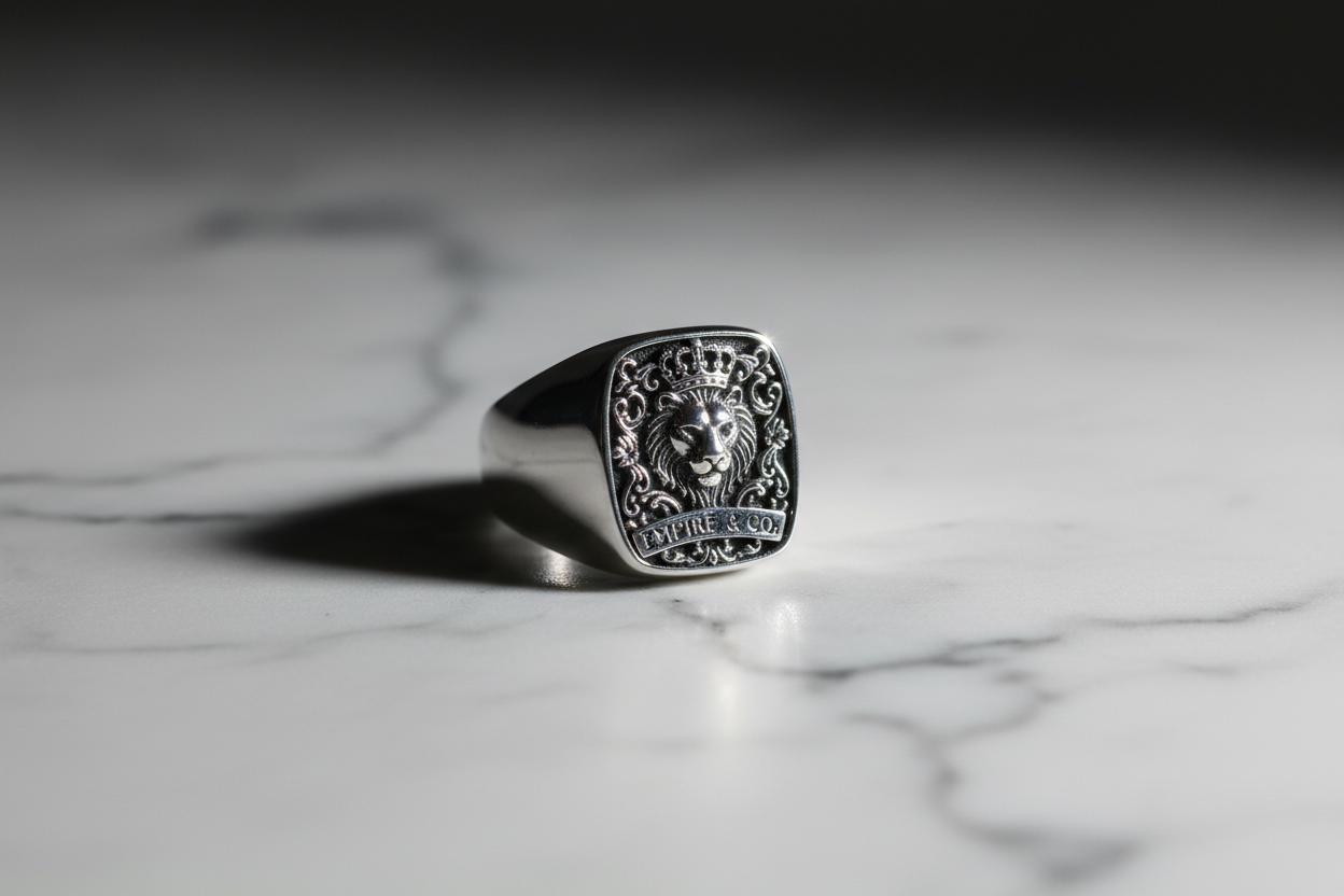 Cinematic wide shot of a silver Empire & Co signet ring, bold design, detailed textures, reflective surface, on matte marble background, shallow depth of field, horizontal layout, wide 16:7 format, 1920x800 px
