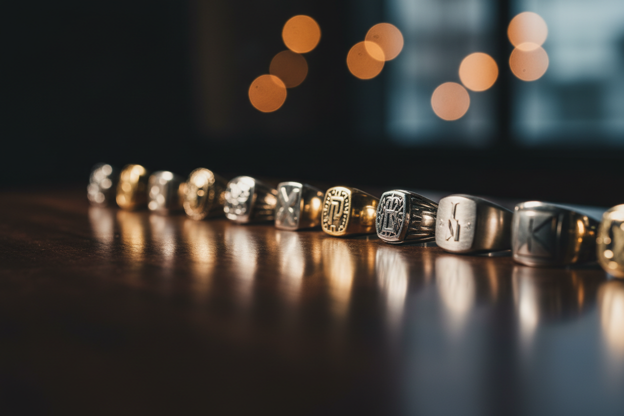 Ultra-high-definition cinematic photo of bold Empire & Co style rings (sovereign, signet, chunky gold, silver, and titanium rings), arranged horizontally across an elegant dark wood surface with subtle reflections, shallow depth of field, polished textures, soft cinematic lighting, wide landscape composition, negative space on left for text overlay and button, ultra-detailed, realistic, horizontal wide format, aspect ratio 16:7

