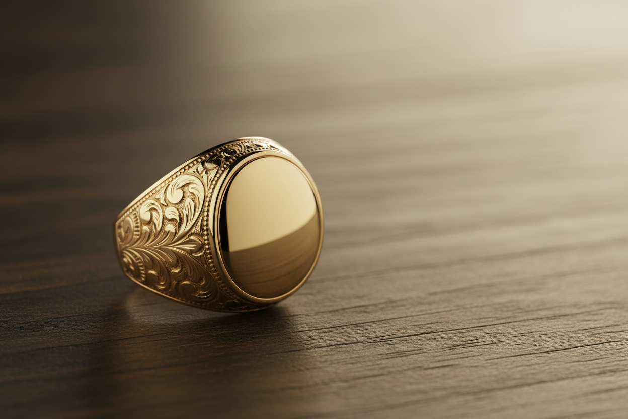 Ultra-high-definition horizontal shot of a chunky 9K yellow gold Empire & Co sovereign ring, intricate engraving, polished reflective finish, laid horizontally across a dark wood surface, soft cinematic lighting, negative space for overlay, wide landscape format, 1920x800 px
