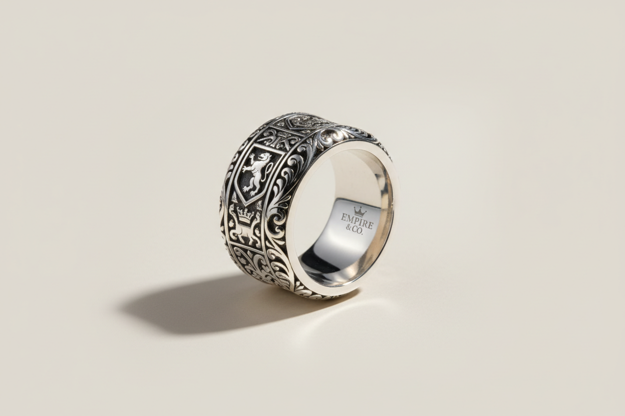 Wide horizontal shot of an Empire & Co custom silver chunky statement ring, detailed engraving, soft shadow, clean neutral background, polished metallic finish, horizontal wide layout, 1920x800 px
